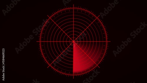 Video animation of a radar screen in red with scanning beam on dark background. Virtual dashboard interface in a seamless loop.