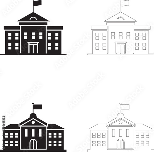 Teachers Day school building vector icon set filled and outline silhouettes with flags and windows
