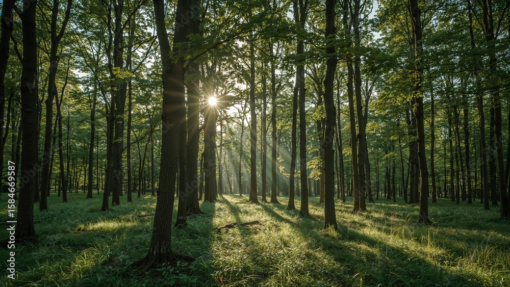 Obraz premium Sunlight streams through a dense forest canopy.