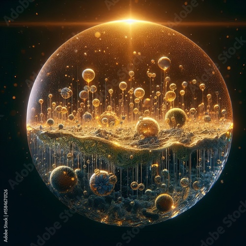 Microscopic water environment catching golden light