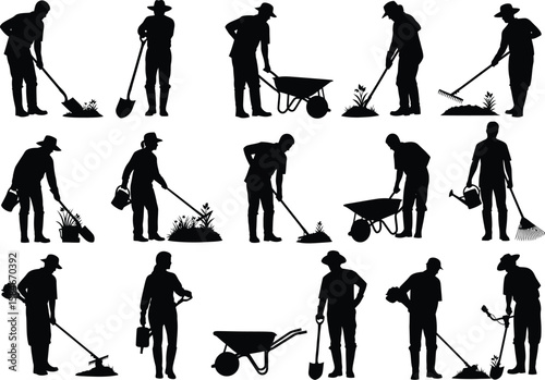 Collection of silhouettes of people gardening and performing various outdoor tasks