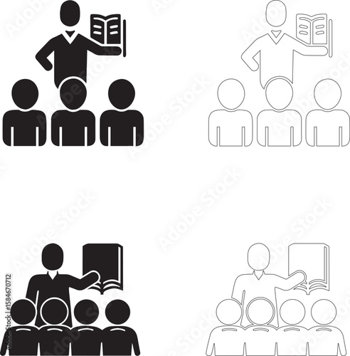 Teachers Day Icon Set Teacher with Book and Students in Solid and Outline Styles