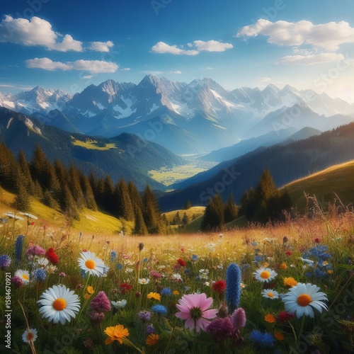 Alpine meadow dotted with wildflowers and distant snow capped pe