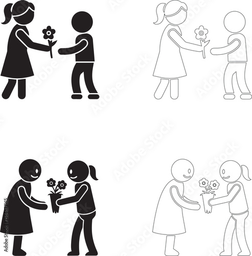 Teachers Day student giving flowers to teacher vector icons silhouette and outline set