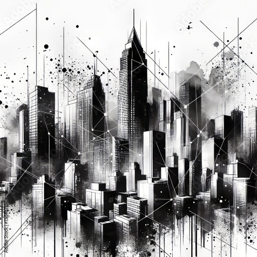 Monochromatic Urban Grid Stark black ink watercolor depicting a