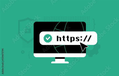 HTTPS security padlock with SSL encryption and lock icon for safe web migration, perfect for secure web site setup visuals. HTTPS security clean modern style vector illustration