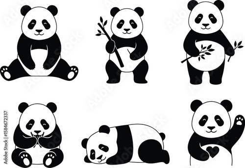 Collection of cute black and white panda bears in various poses