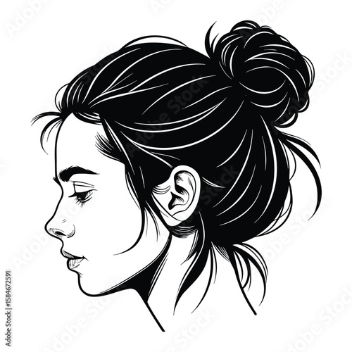 silhouette of black hair in a messy bun hairstyle on white background