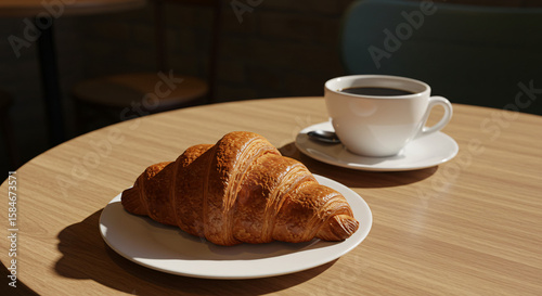 A croissant and coffee cup on a wooden table in a cafe.
