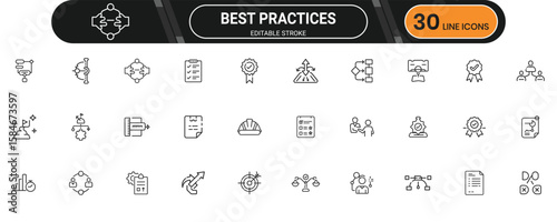 Best practices icon set in linear style with methods, steps, process, guidance, system standards, and rule-based visual strategies