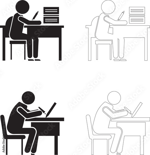 Teachers Day student writing at desk with books vector icons filled silhouettes and outline set