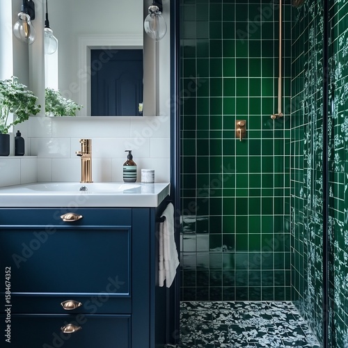 A bathroom with a bold accent wall Emerald