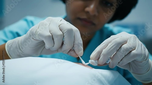 Medical professional performing delicate suture procedure