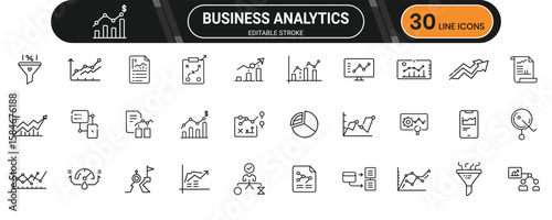 Business analytics icon set with charts, financial data, insights, performance evaluation, and market trend visuals