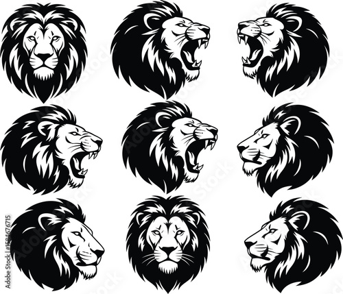 Collection of nine black and white lion head illustrations in various poses