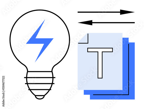 Light bulb with a lightning bolt, text-styled documents, and arrows indicating flow. Ideal for creativity, ideas, productivity, workflow, innovation, content creation and a simple landing page