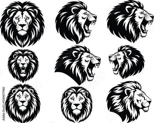 Collection of nine black and white lion head illustrations in various poses