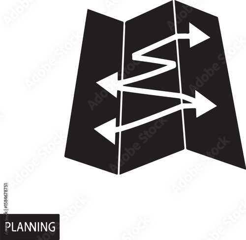 Conceptual Illustration of a Map Unfolding to Reveal a Complex Route Depicted by White Arrows, Against a Dark Background, Representing Travel and Navigation