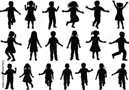 Diverse group of children silhouettes in various playful poses and actions