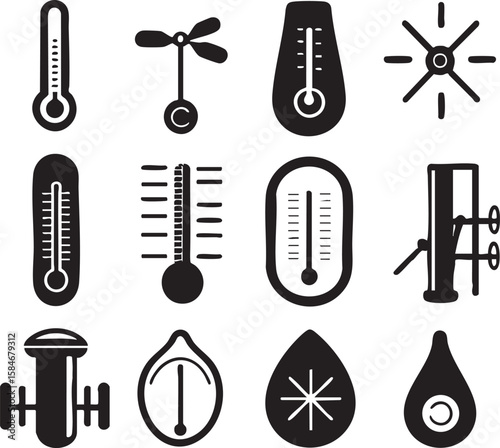 Collection of black and white weather measurement icons including thermometers anemometer barometer and rain gauge