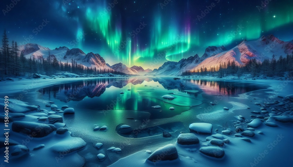 Obraz premium Arctic landscape with northern lights reflected in frozen lake s