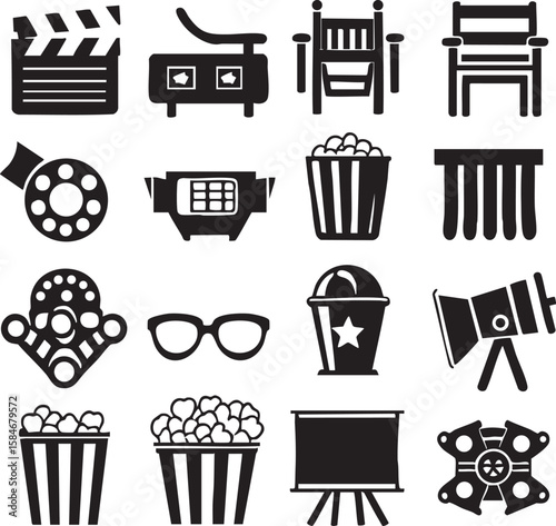 Black and white collection of cinema and entertainment icons including clapperboard popcorn seats projector and film reel