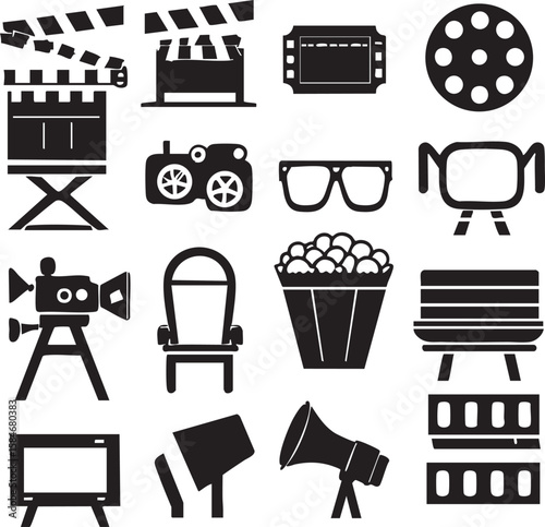 Collection of black film industry icons including clapperboard camera film reel ticket glasses popcorn chair megaphone and screen