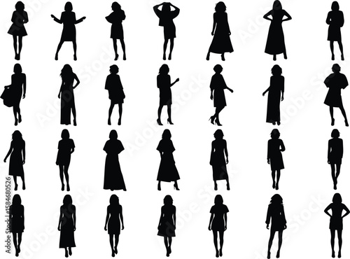 Collection of diverse female silhouettes in various fashionable outfits and poses