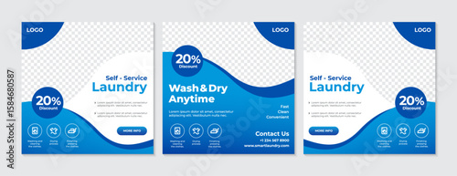 Premium Self Service Laundry Business Social Media Template Set with Discount Offer. A modern and eye catching design, perfect for promoting your 24 hour wash and dry services with a special discount.