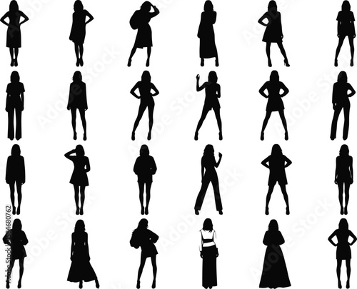 Collection of diverse female silhouettes in various fashionable poses and outfits