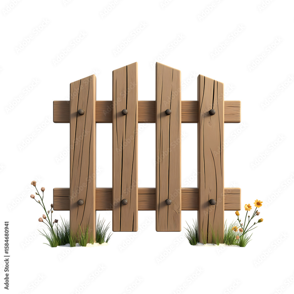 Fototapeta premium A light brown picket fence with yellow flowers at base isolated on transparent background