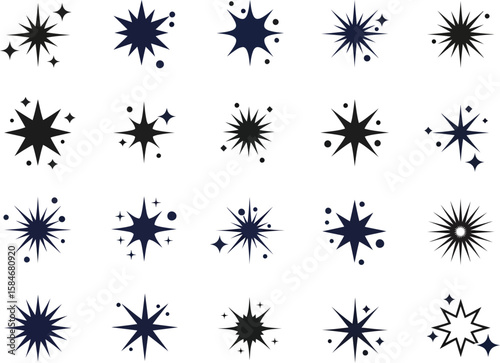 Collection of diverse starburst and sparkle graphic design elements on white background