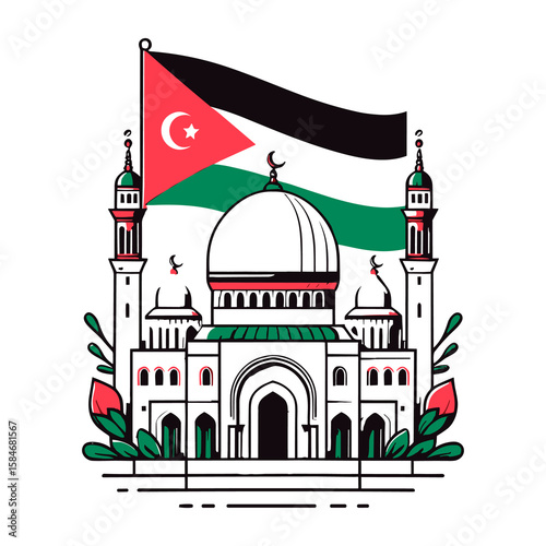 Palestinian Mosque Silhouette with Flag Colors Islamic Vector Design