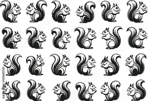 Collection of stylized black and white squirrel illustrations in various poses