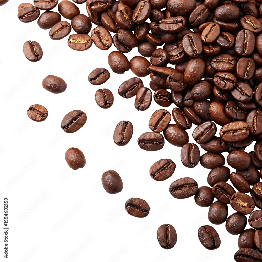 Obraz premium Scattered roasted coffee beans isolated on transparent background