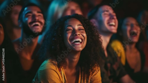A joyous audience laughs together during a live performance.
