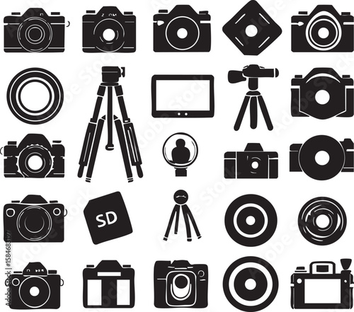 Collection of black silhouette camera icons photography equipment and S D card on white background