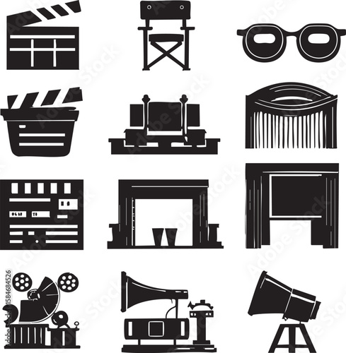 Collection of black silhouette icons representing film and cinema equipment and scenes clapperboard director chair glasses movie screen projector