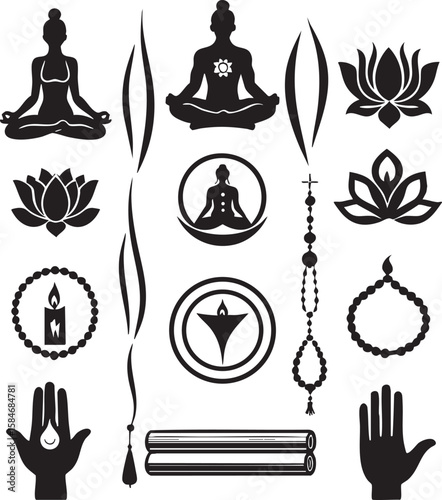 Black silhouette icons of yoga meditation lotus flowers prayer beads candle and hands vector