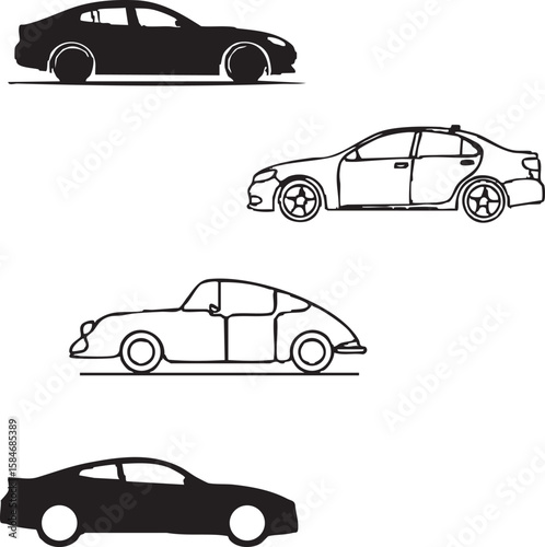 Collection of four black and white car silhouettes and line drawings automobile vehicles transportation