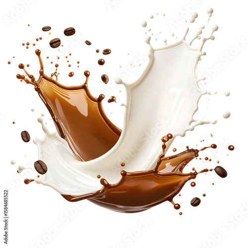 Splashes of Milk and Chocolate with Coffee Beans on Dark Background