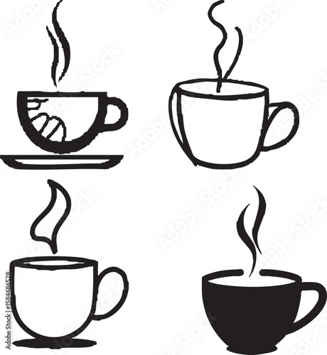 Four hand drawn black and white coffee cups with steam rising from each drink beverage
