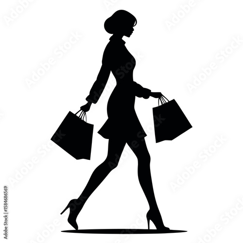 Elegant woman's silhouette carrying shopping bags, a perfect blend of fashion and lifestyle, ideal for illustrating sales and retail