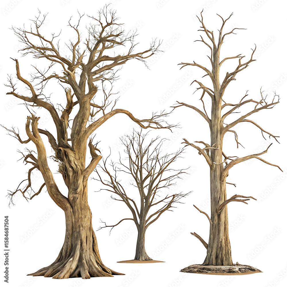 Obraz premium Three gnarled and barren ancient trees isolated on transparent background