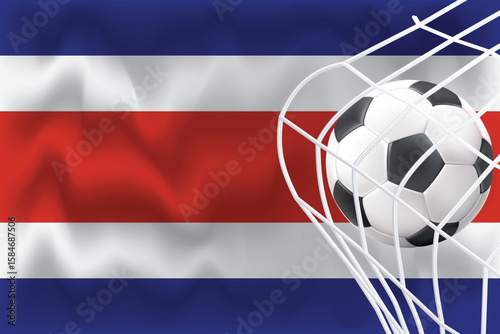 Costa Rica 3D waving flag with football and net. Editable vector ideal for World Cup themes, patriotic sports designs, fan banners, digital ads, and social media content.