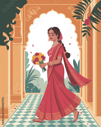 Cultural Wedding Scene — Indian Bride with Flowing Saree and Golden Jewelry