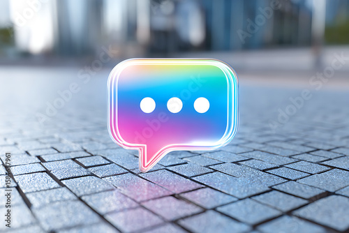 Colorful Chat Bubble Icon on a Textured Urban Pavement at Daytime Showcasing Modern Communication