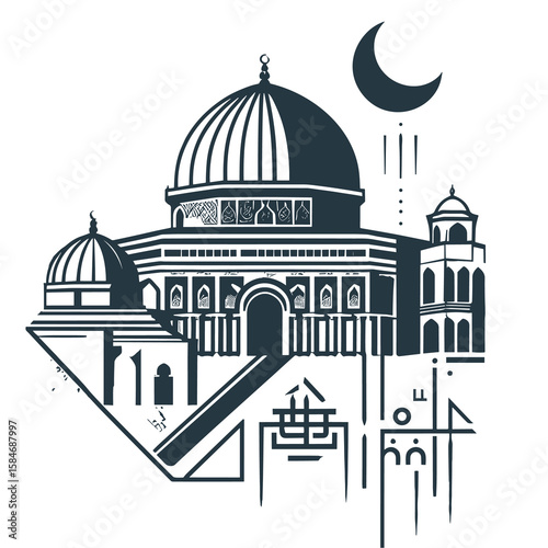 Minimalist Islamic Mosque Illustration Modern Architecture & Crescent Moon Vector Design