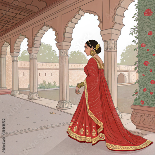 Graceful Indian Bride Walking Through Courtyard — Red Saree and Gold Jewelry Illustration
