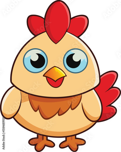 Cute cartoon chicken with blue eyes and red comb bird